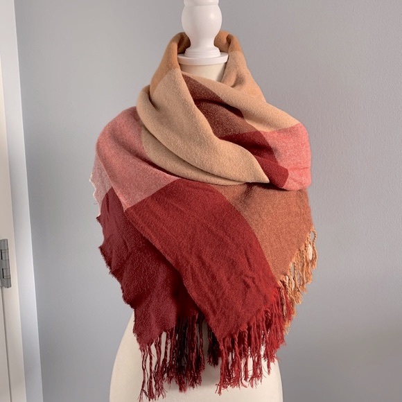 Siizu Causebox Scarf Wrap Poncho Cranberry Colorblock Outdoor Layering Cabincore - Picture 5 of 5
